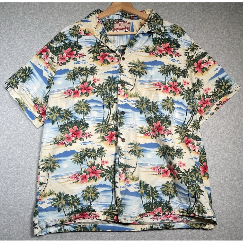 VTG 90s RJC Hawaiian Shirt XL USA Sunset Hibiscus Palm Trees Aloha Pattern Match